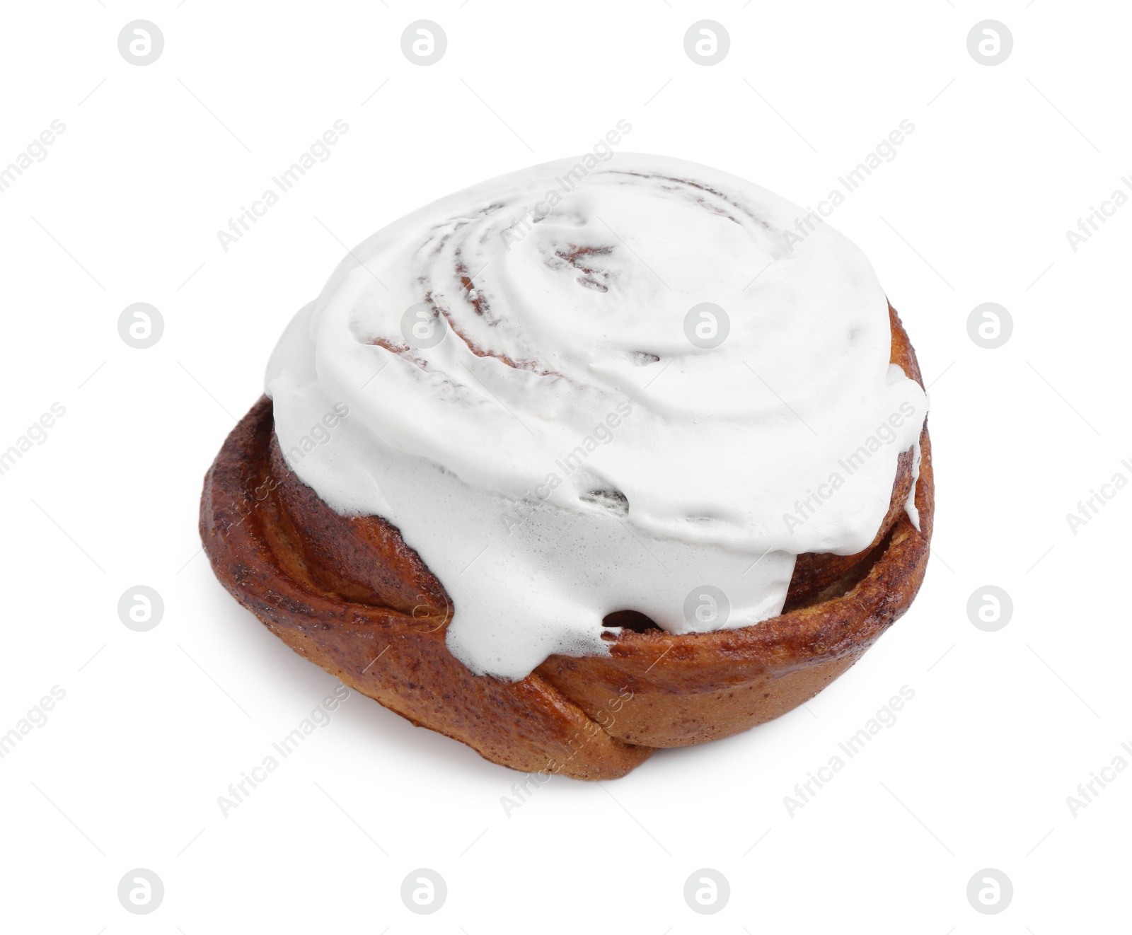 Photo of Tasty cinnamon roll with cream isolated on white