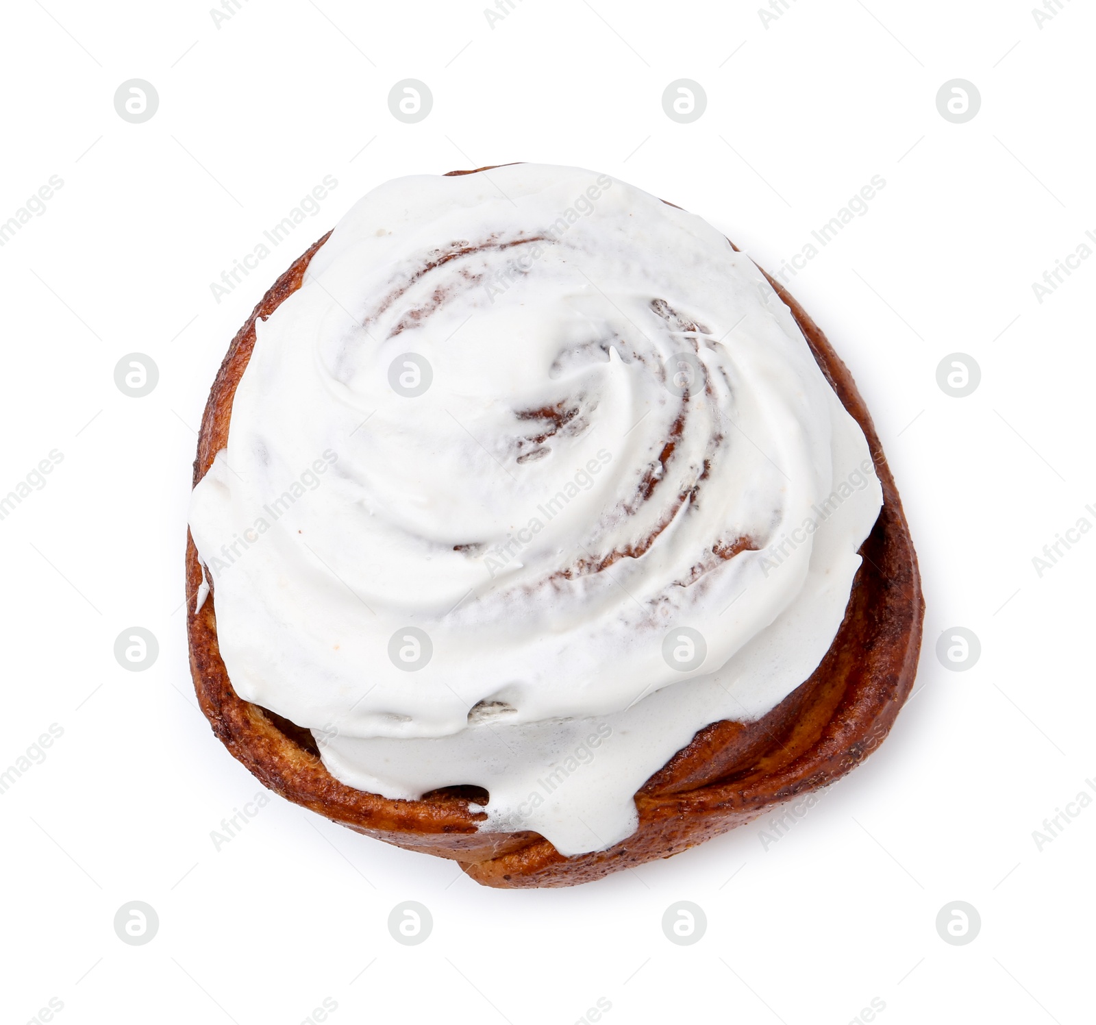 Photo of Tasty cinnamon roll with cream isolated on white, top view