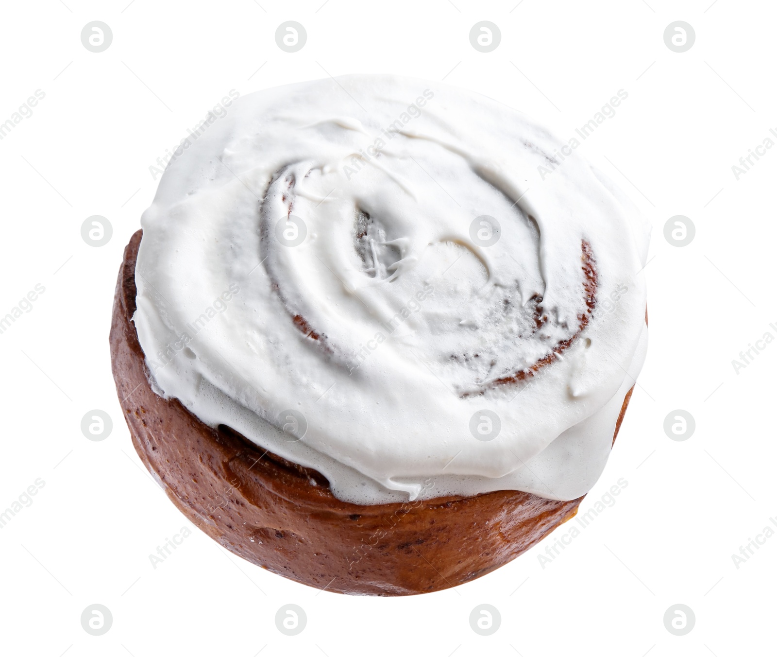 Photo of Tasty cinnamon roll with cream isolated on white