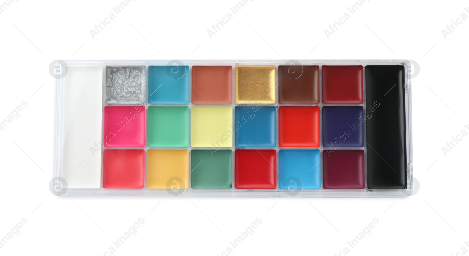 Photo of Bright face paint palette isolated on white, top view