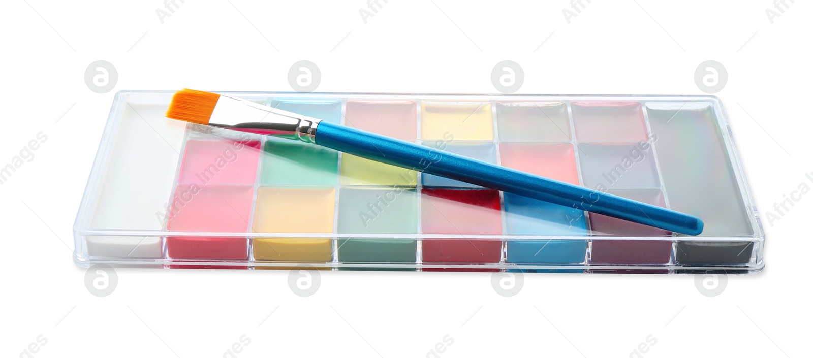 Photo of Bright face paint palette and brush isolated on white