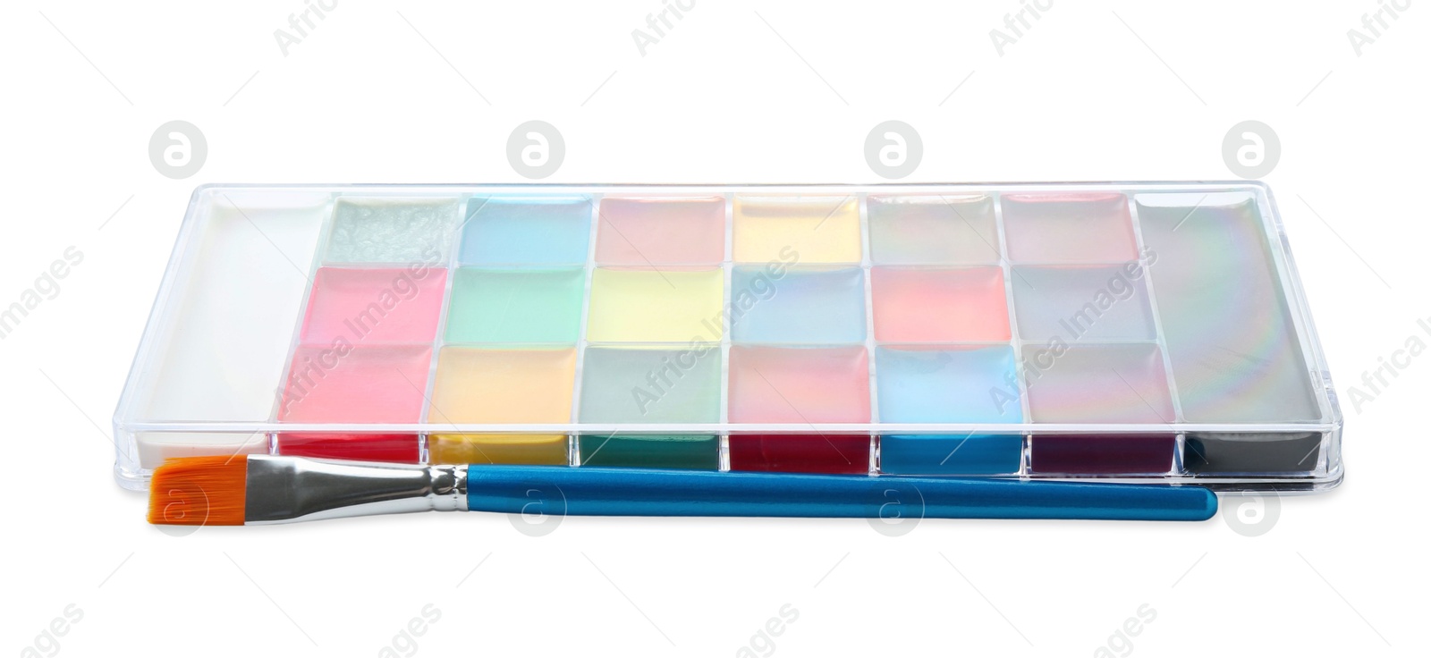 Photo of Bright face paint palette and brush isolated on white