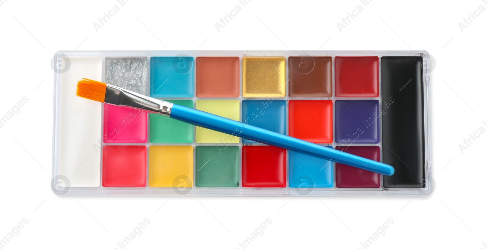 Photo of Bright face paint palette and brush isolated on white, top view