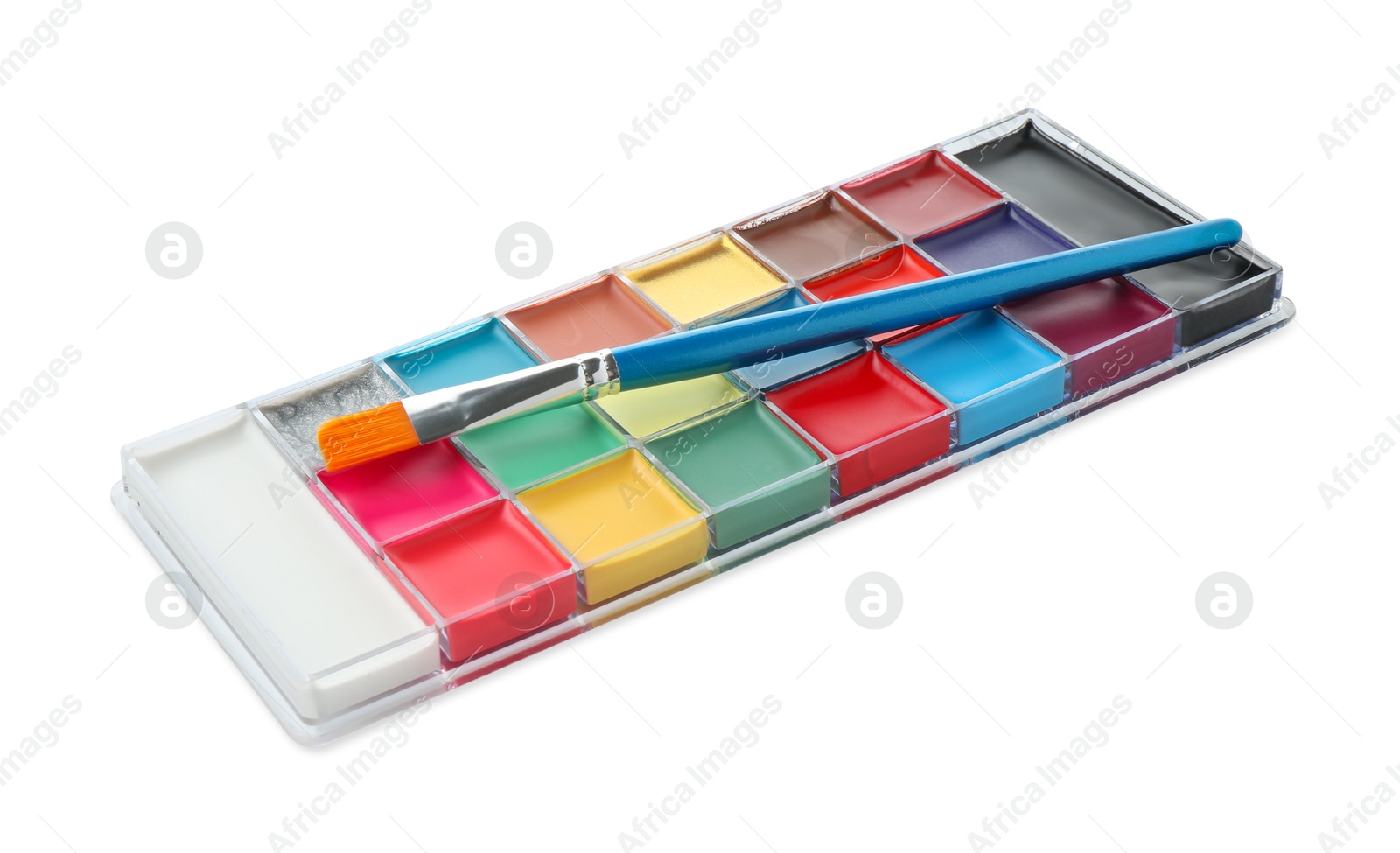 Photo of Bright face paint palette and brush isolated on white