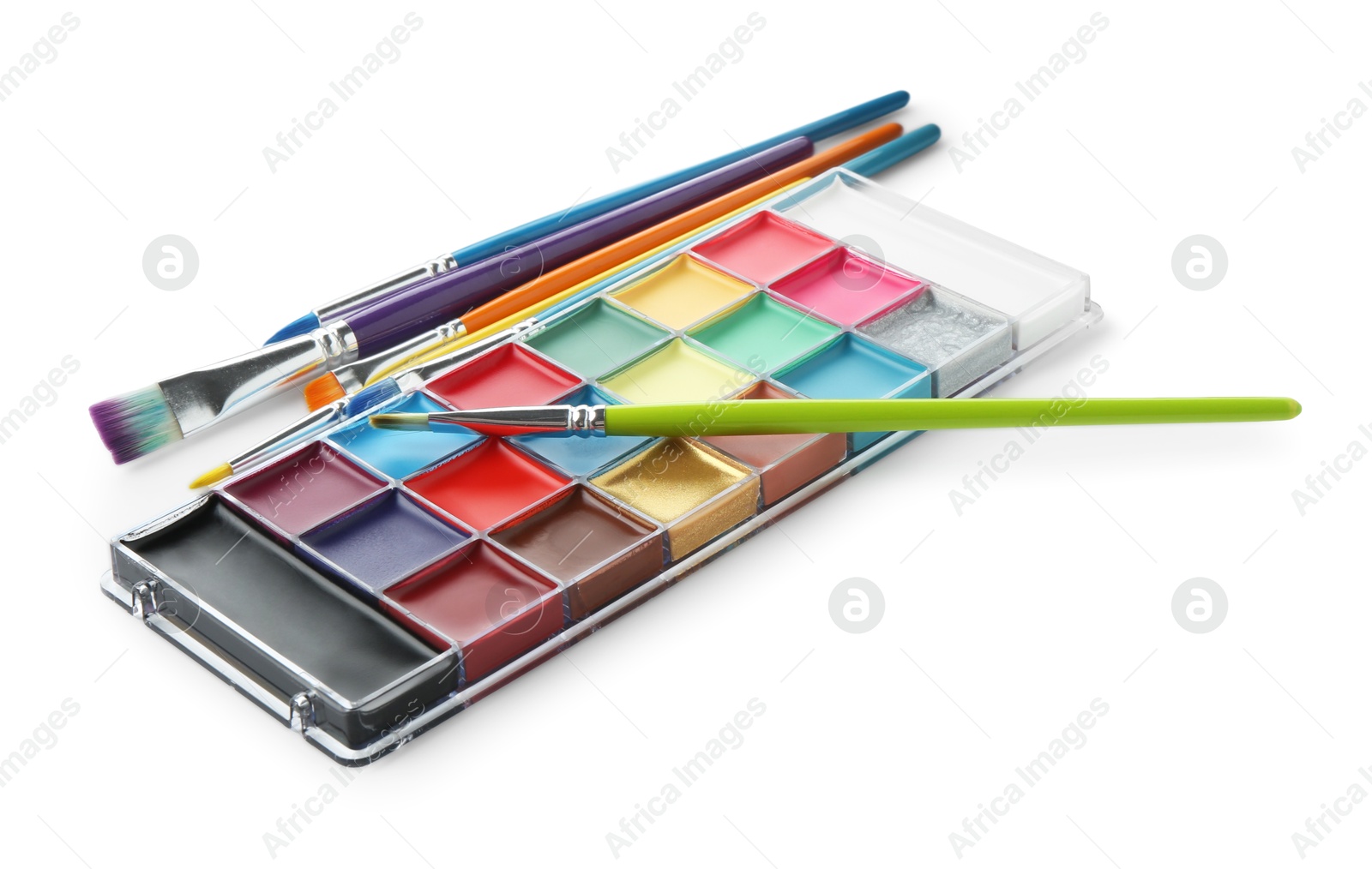 Photo of Bright face paint palette and brushes isolated on white