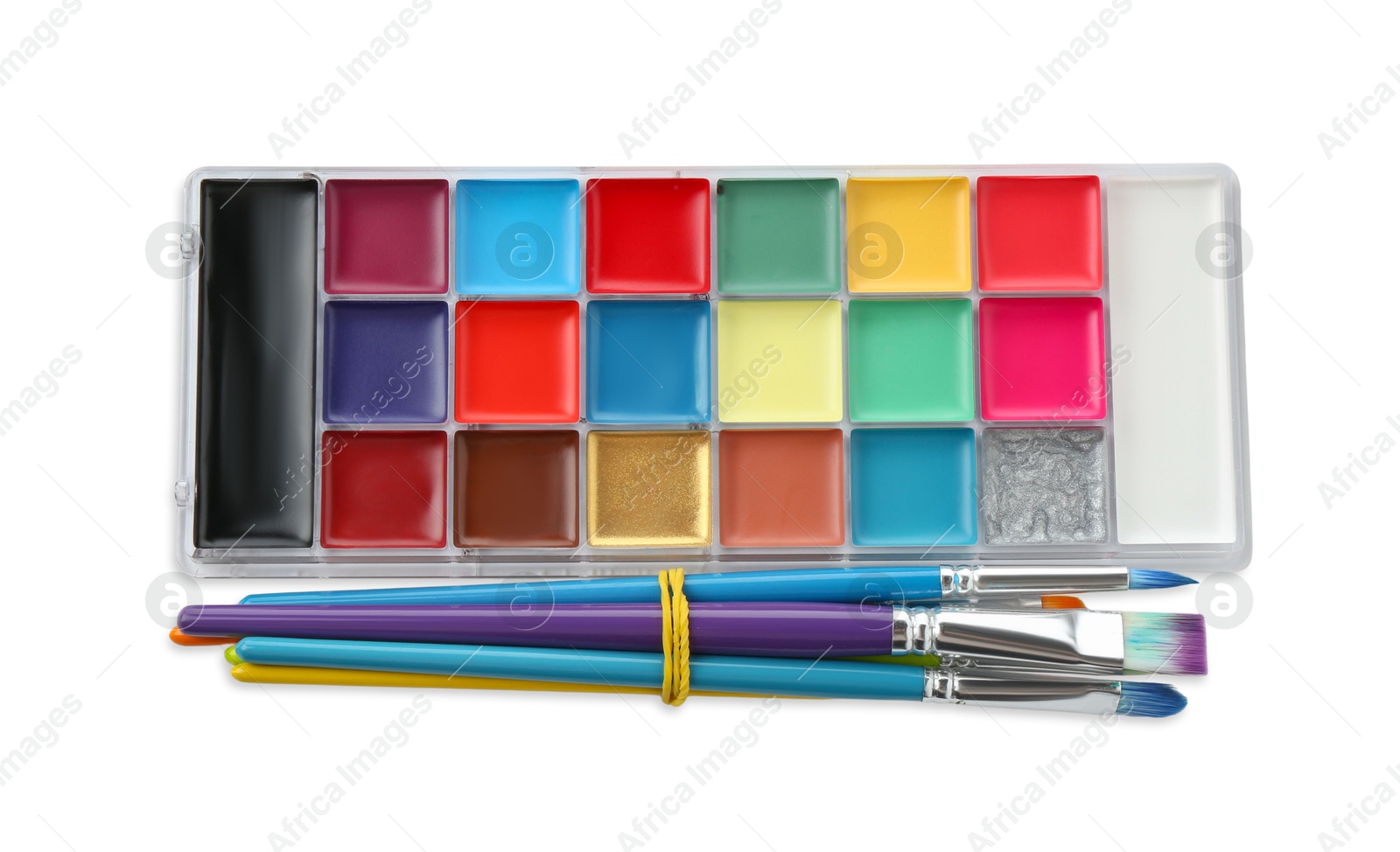 Photo of Bright face paint palette and brushes isolated on white, top view