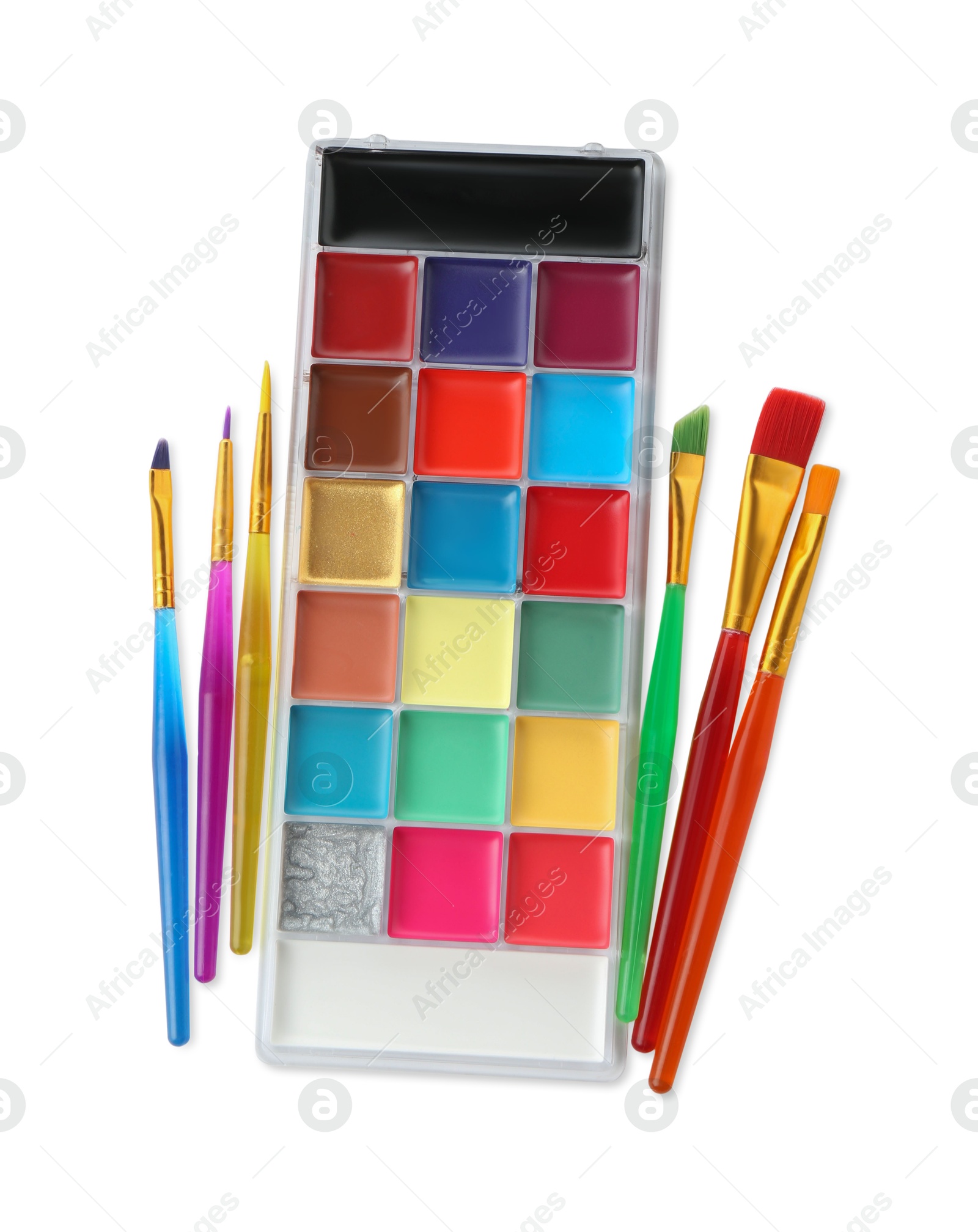 Photo of Bright face paint palette and brushes isolated on white, top view