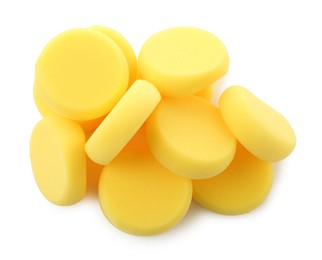 Photo of Yellow sponges for face painting isolated on white, top view