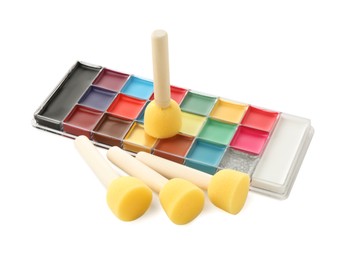 Photo of Bright face paint palette and sponges isolated on white