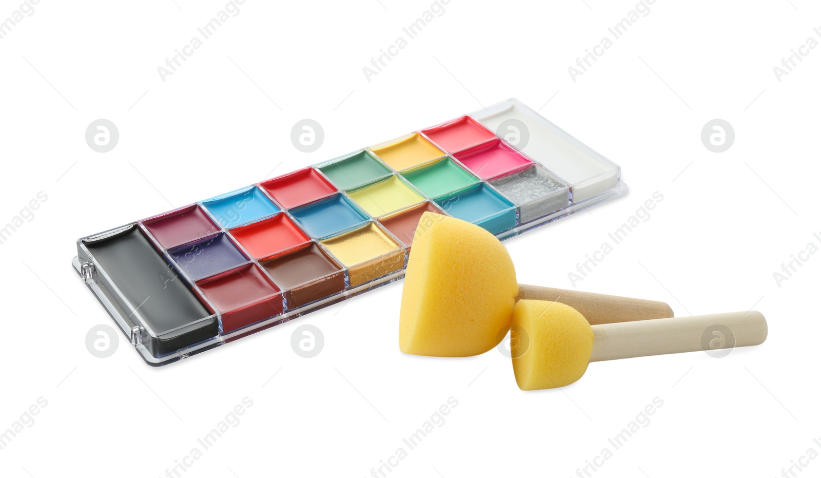 Photo of Bright face paint palette and sponges isolated on white