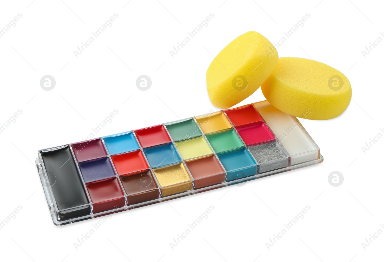 Photo of Bright face paint palette and sponges isolated on white