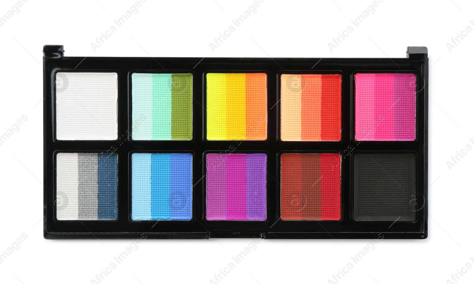 Photo of Bright face paint palette isolated on white, top view