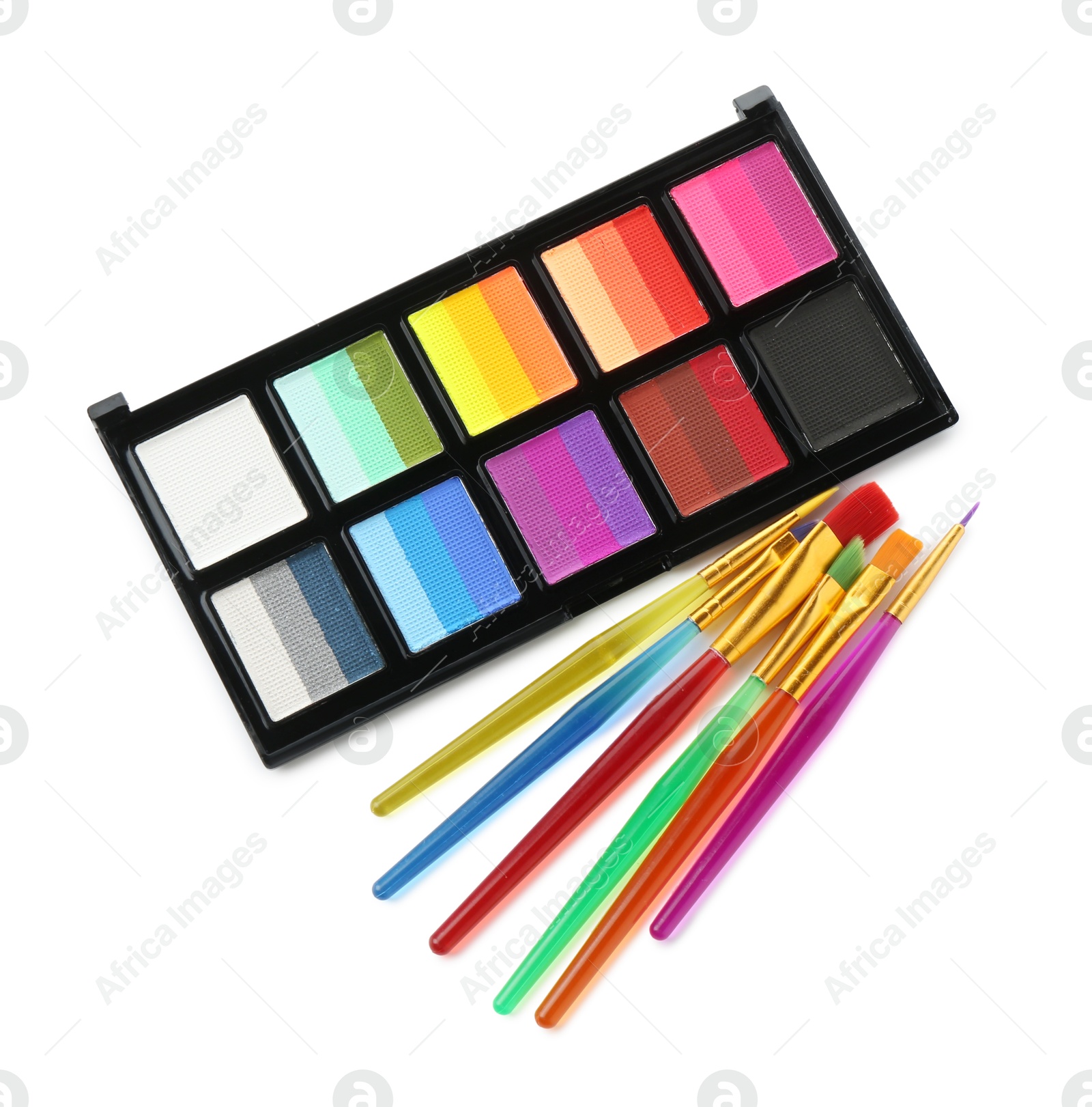 Photo of Bright face paint palette and brushes isolated on white, top view