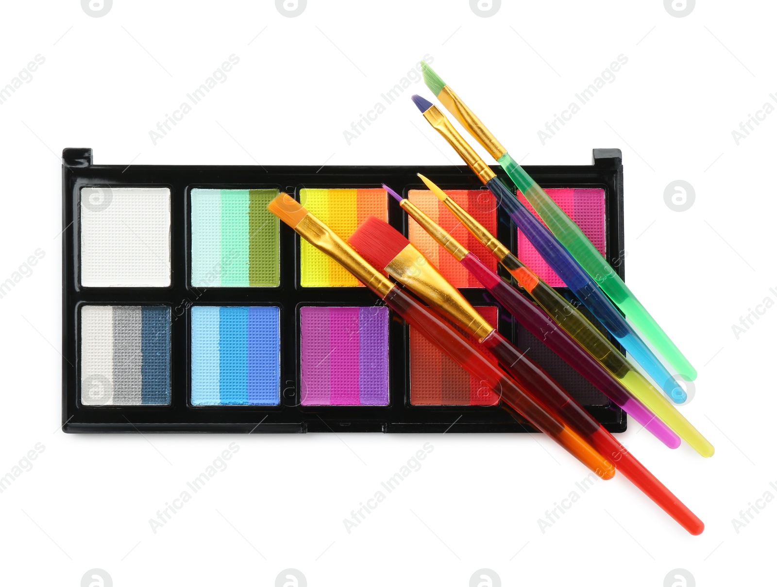 Photo of Bright face paint palette and brushes isolated on white, top view