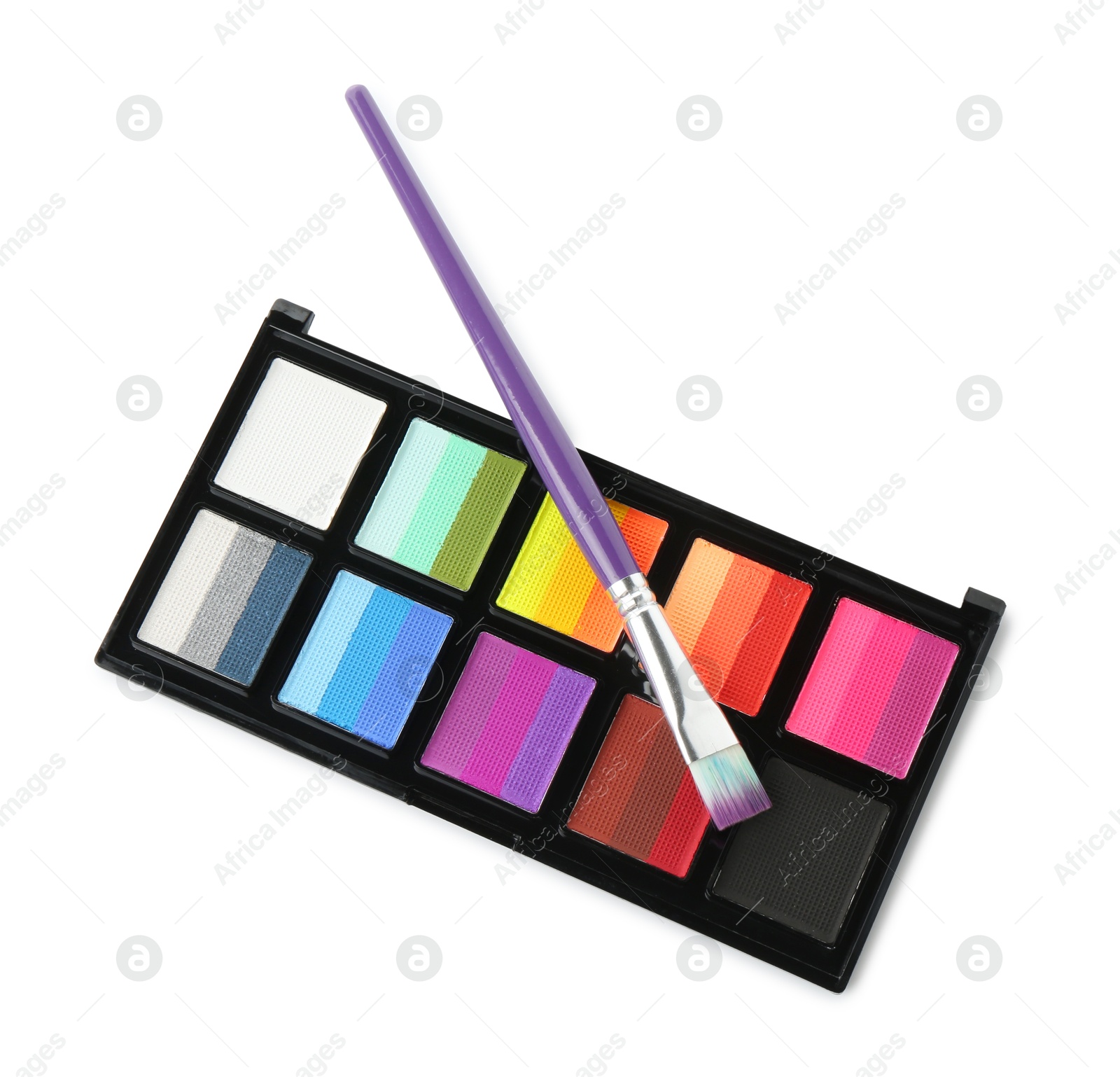 Photo of Bright face paint palette and brush isolated on white, top view