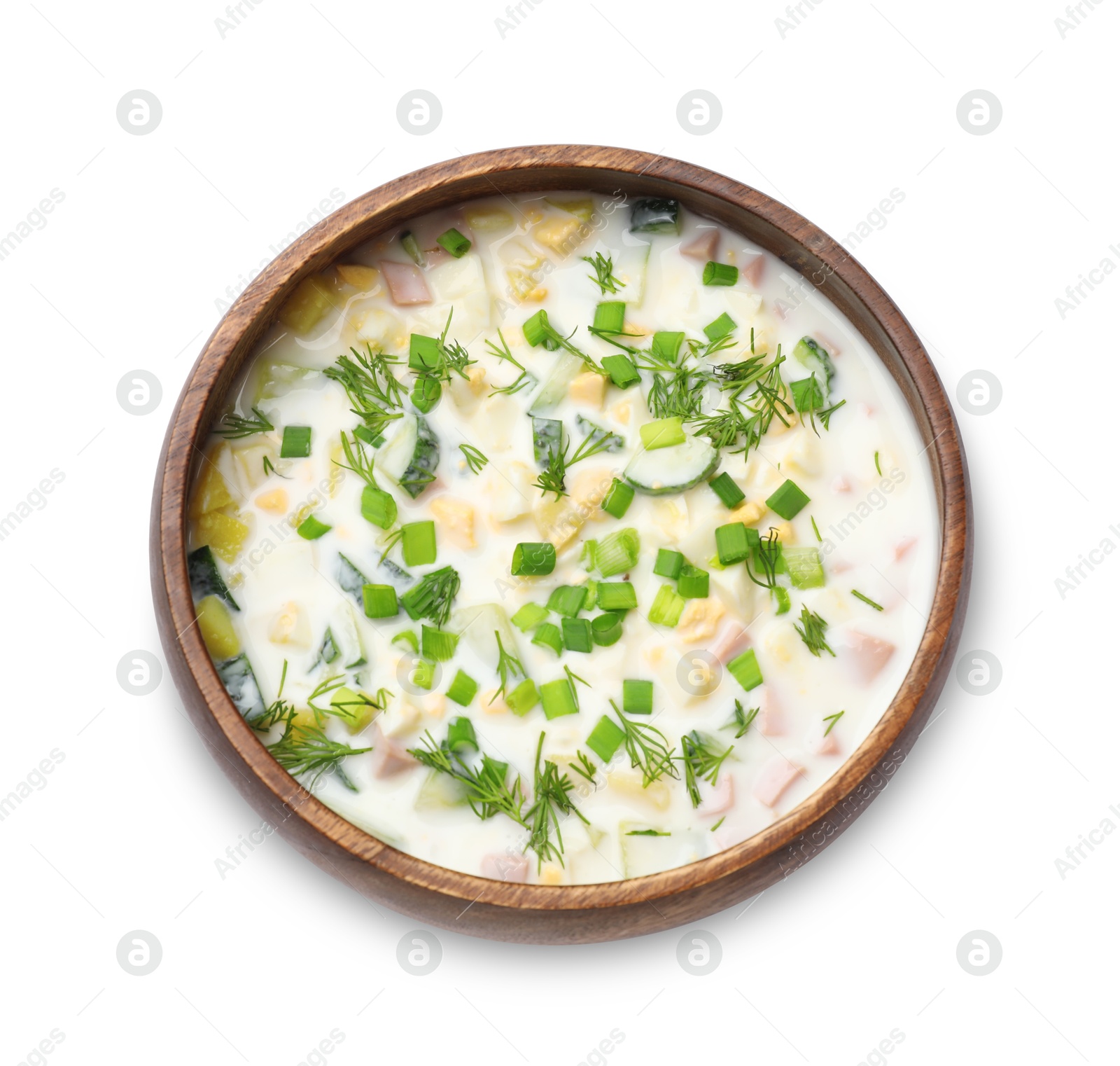 Photo of Delicious okroshka soup with kefir isolated on white, top view