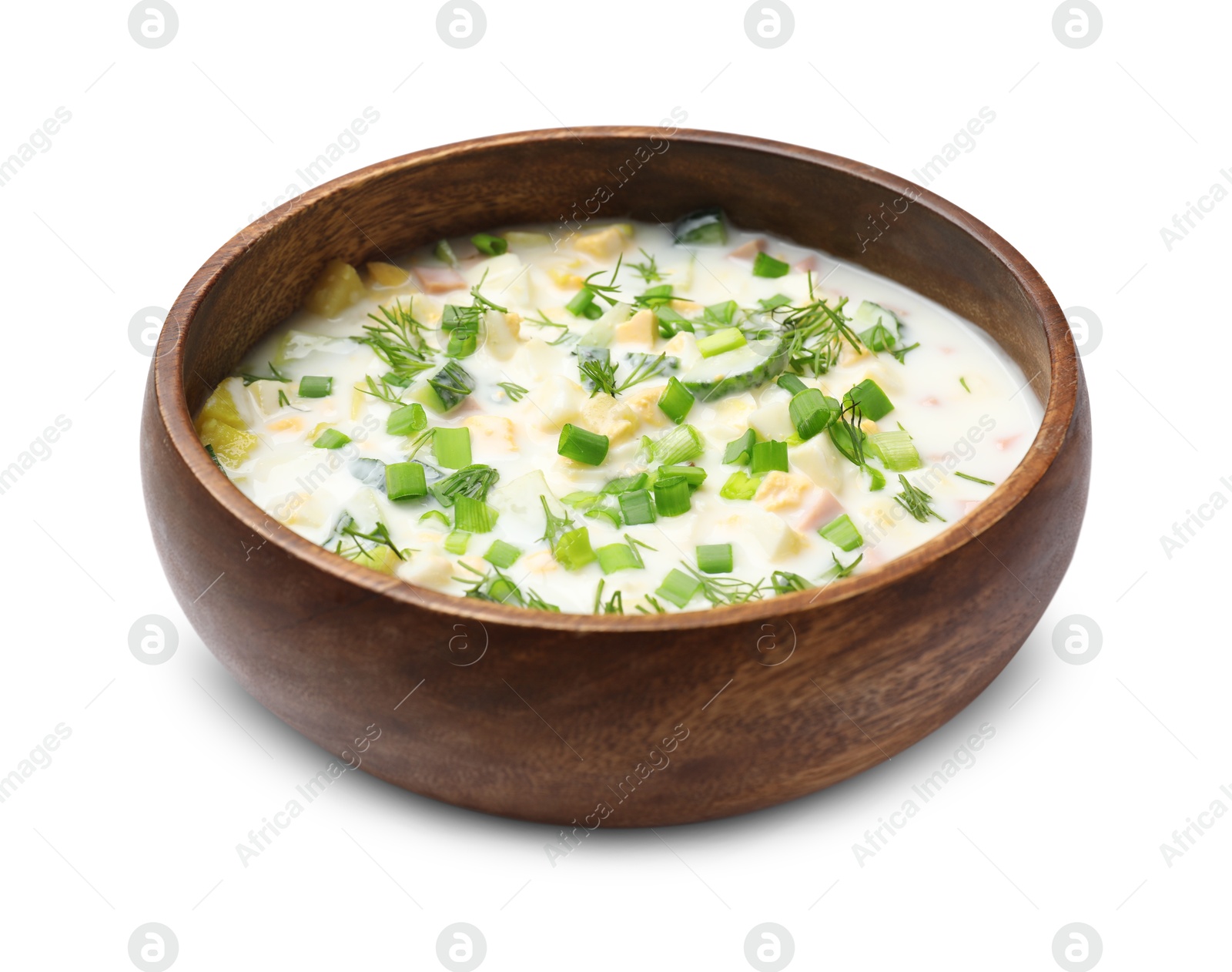 Photo of Delicious okroshka soup with kefir isolated on white