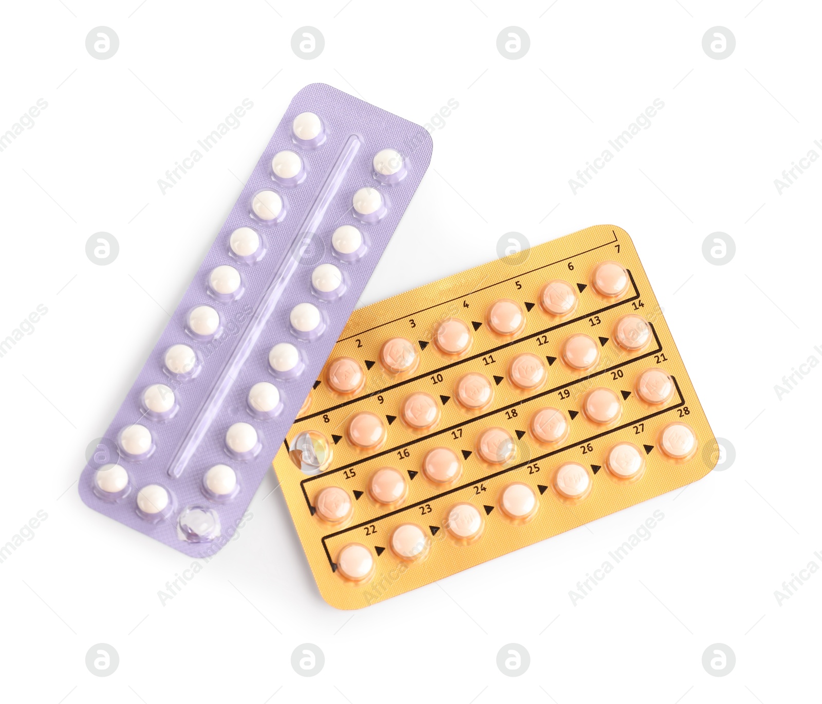 Photo of Blisters of contraceptive pills isolated on white, top view