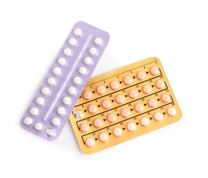 Photo of Blisters of contraceptive pills isolated on white, top view