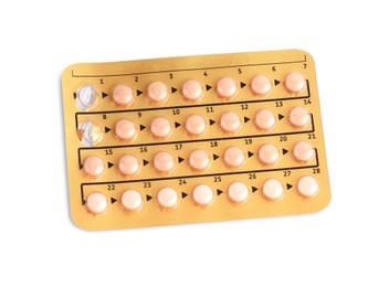 Photo of Blister of contraceptive pills isolated on white, top view