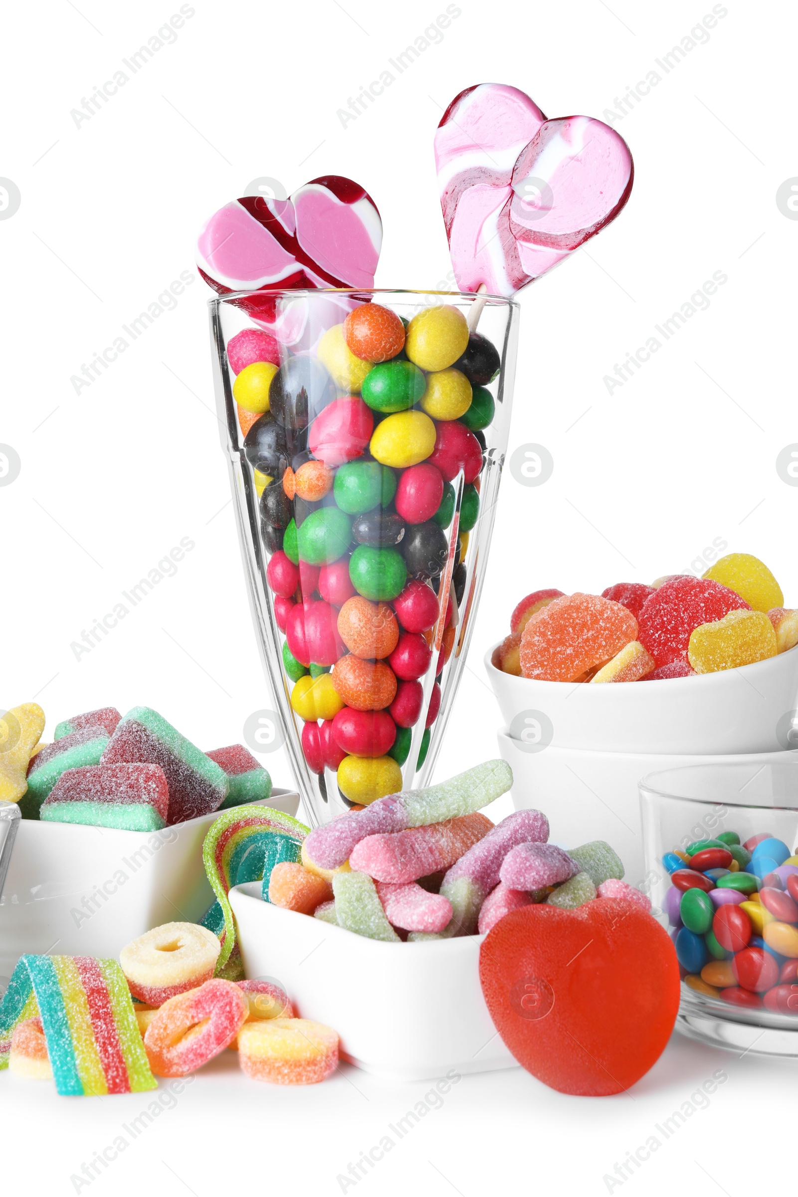 Photo of Candy bar. Many different tasty sweets on white background