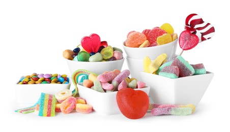 Photo of Candy bar. Many different tasty sweets on white background