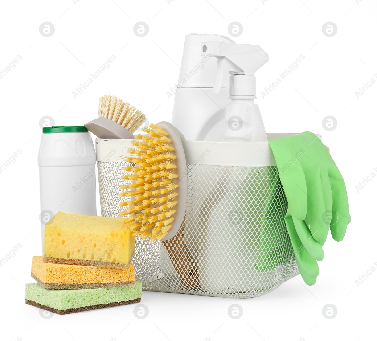 Photo of Eco-friendly cleaning products and supplies in basket isolated on white