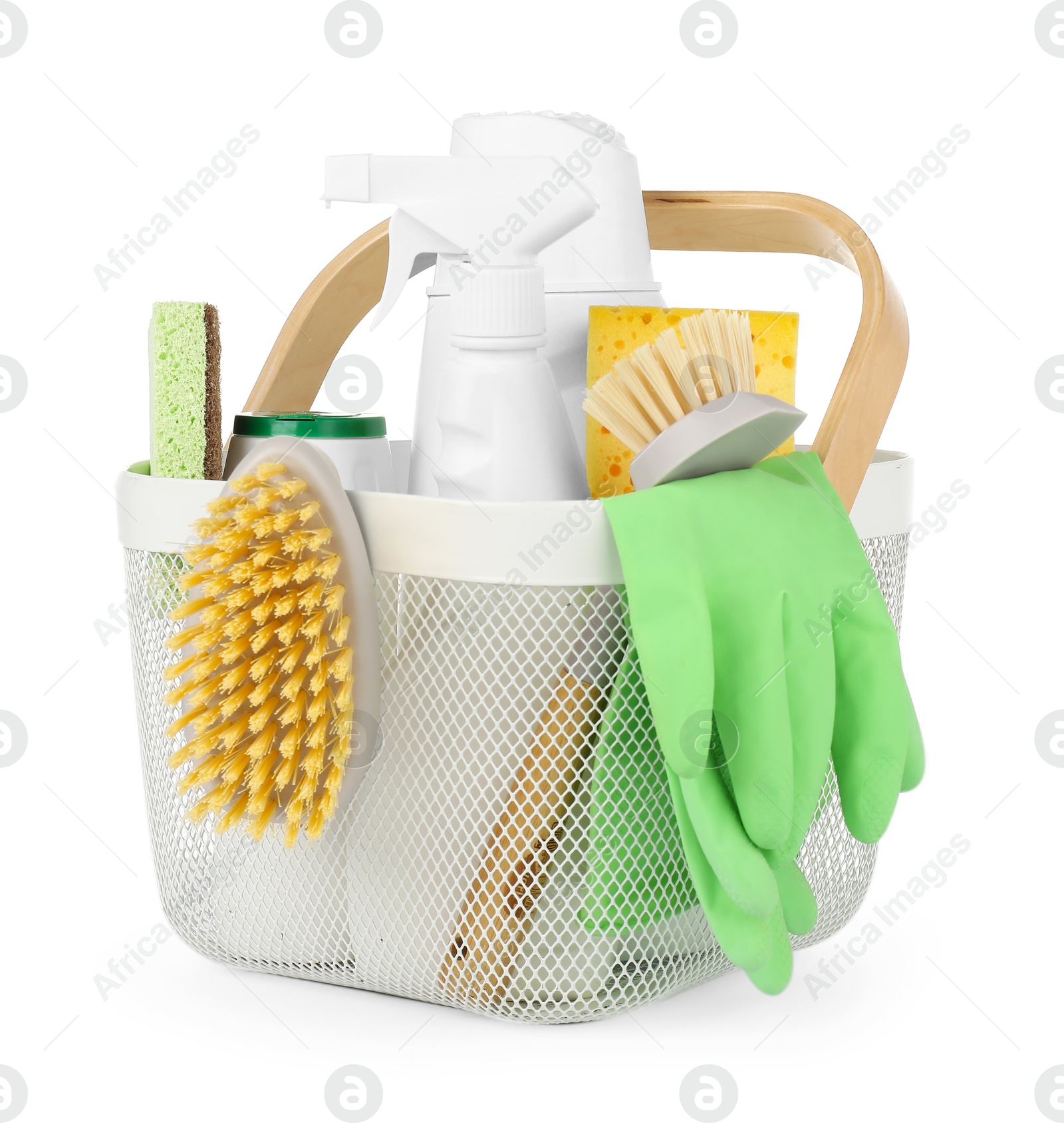 Photo of Eco-friendly cleaning products and supplies in basket isolated on white