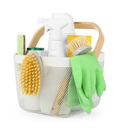 Photo of Eco-friendly cleaning products and supplies in basket isolated on white