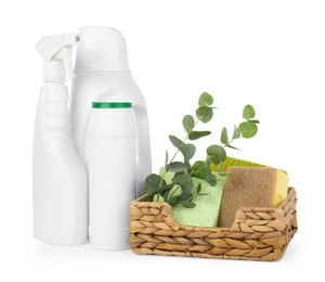 Photo of Eco-friendly cleaning products, supplies and eucalyptus branches isolated on white