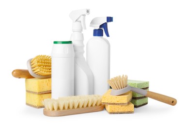 Photo of Eco-friendly cleaning products and supplies isolated on white