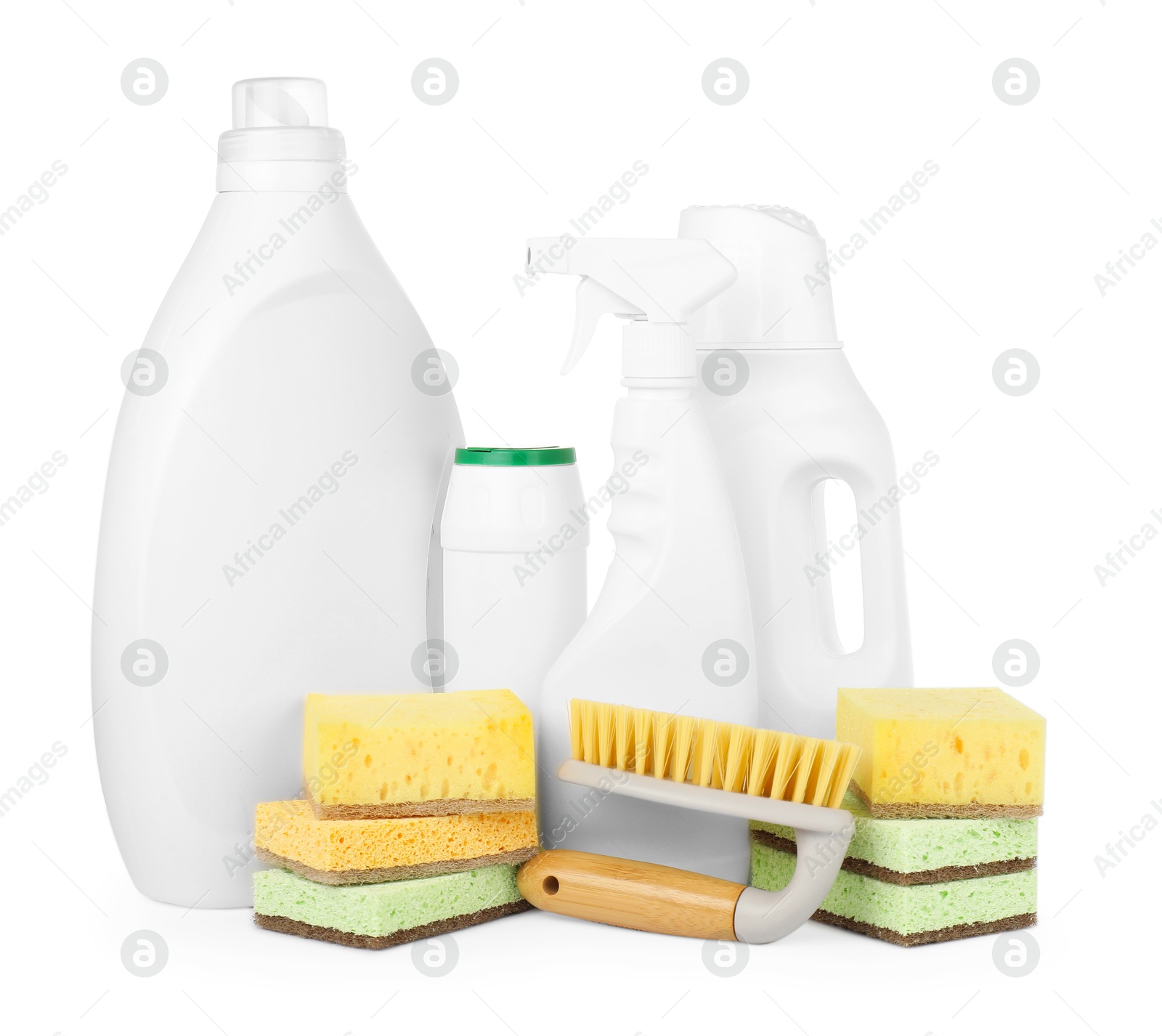 Photo of Eco-friendly cleaning products and supplies isolated on white