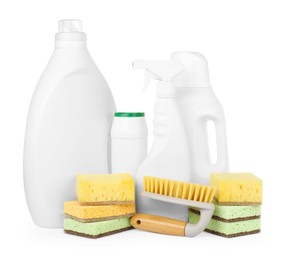 Photo of Eco-friendly cleaning products and supplies isolated on white