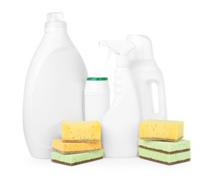 Photo of Eco-friendly cleaning products and supplies isolated on white