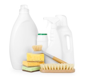 Photo of Eco-friendly cleaning products and supplies isolated on white