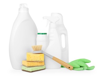 Photo of Eco-friendly cleaning products and supplies isolated on white