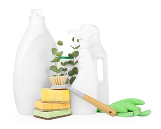 Photo of Eco-friendly cleaning products, supplies and eucalyptus branches isolated on white