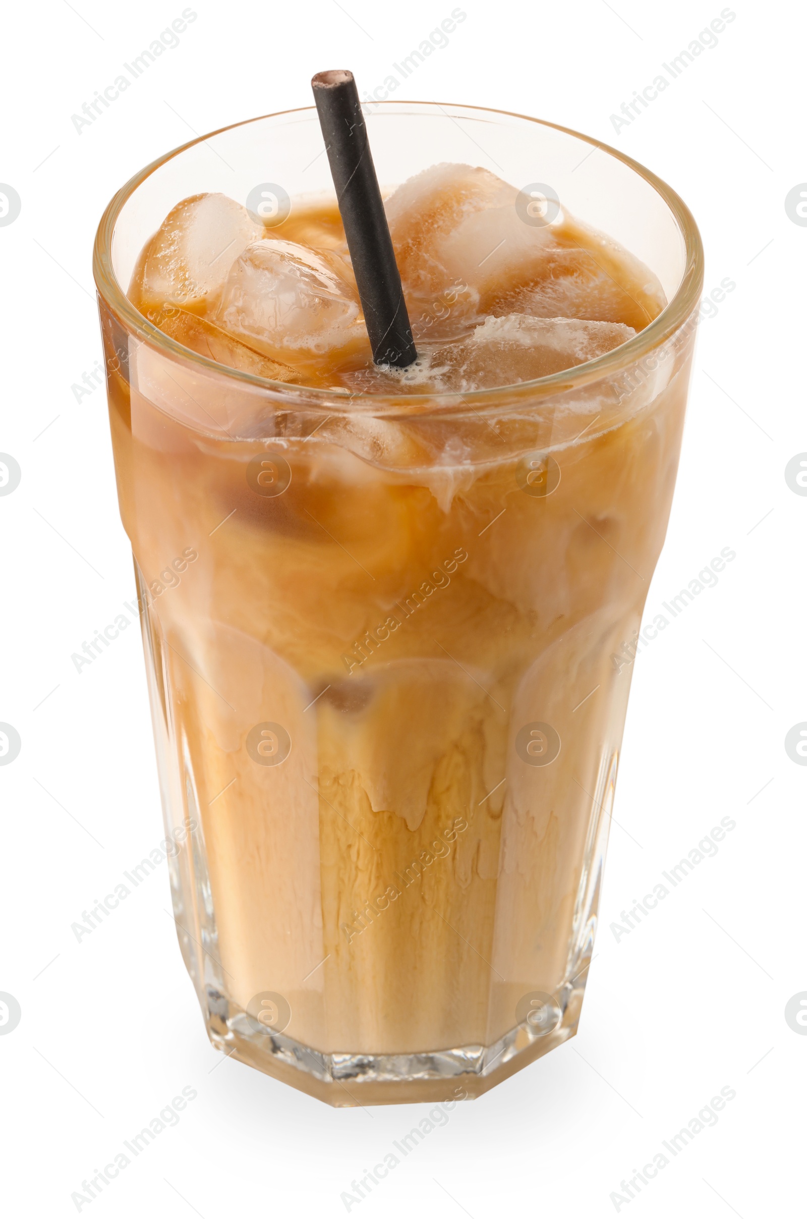 Photo of Refreshing iced coffee with milk in glass isolated on white