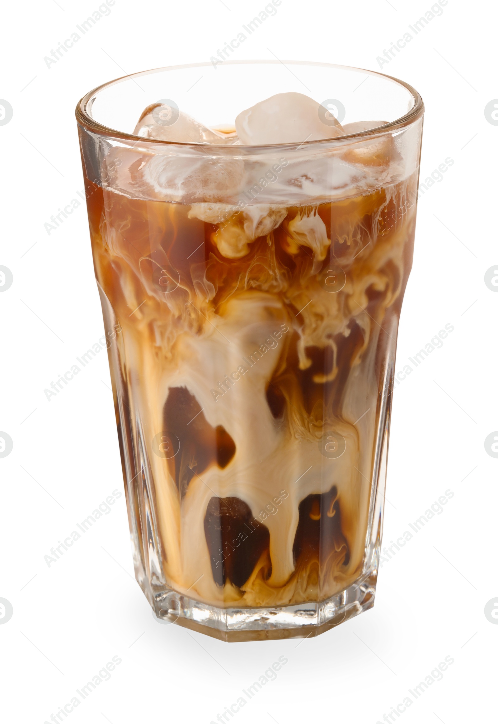 Photo of Refreshing iced coffee with milk in glass isolated on white