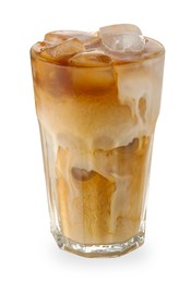 Photo of Refreshing iced coffee with milk in glass isolated on white