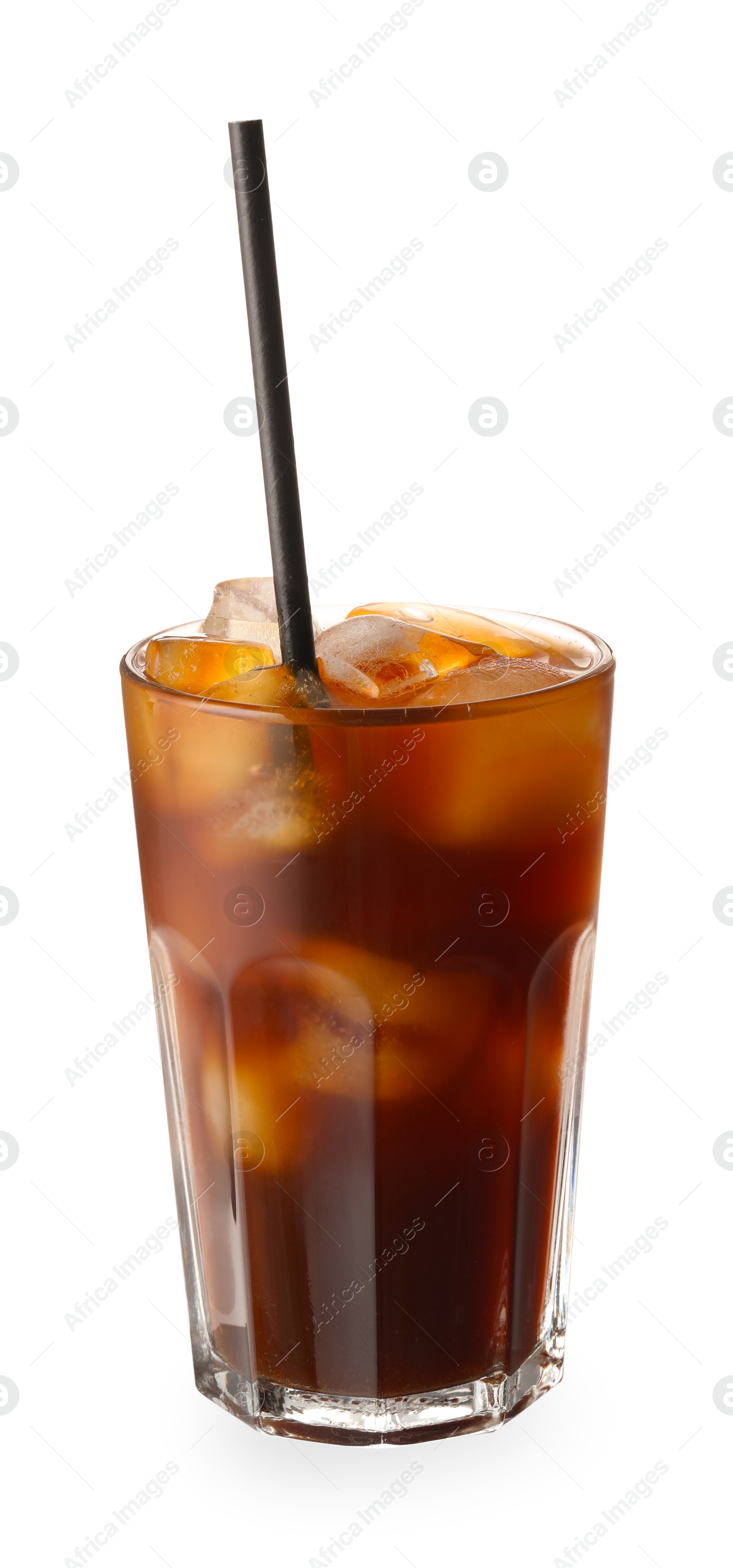 Photo of Refreshing iced coffee in glass isolated on white