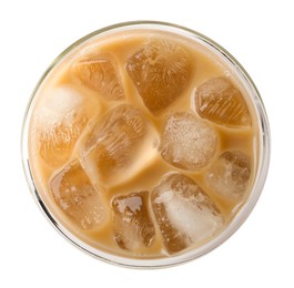 Photo of Refreshing iced coffee with milk in glass isolated on white, top view