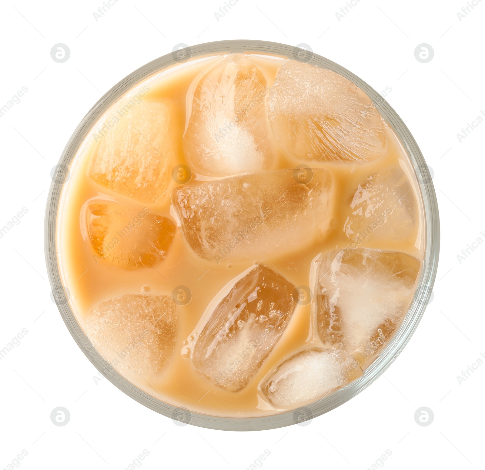 Photo of Refreshing iced coffee with milk in glass isolated on white, top view