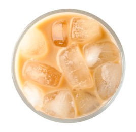 Refreshing iced coffee with milk in glass isolated on white, top view