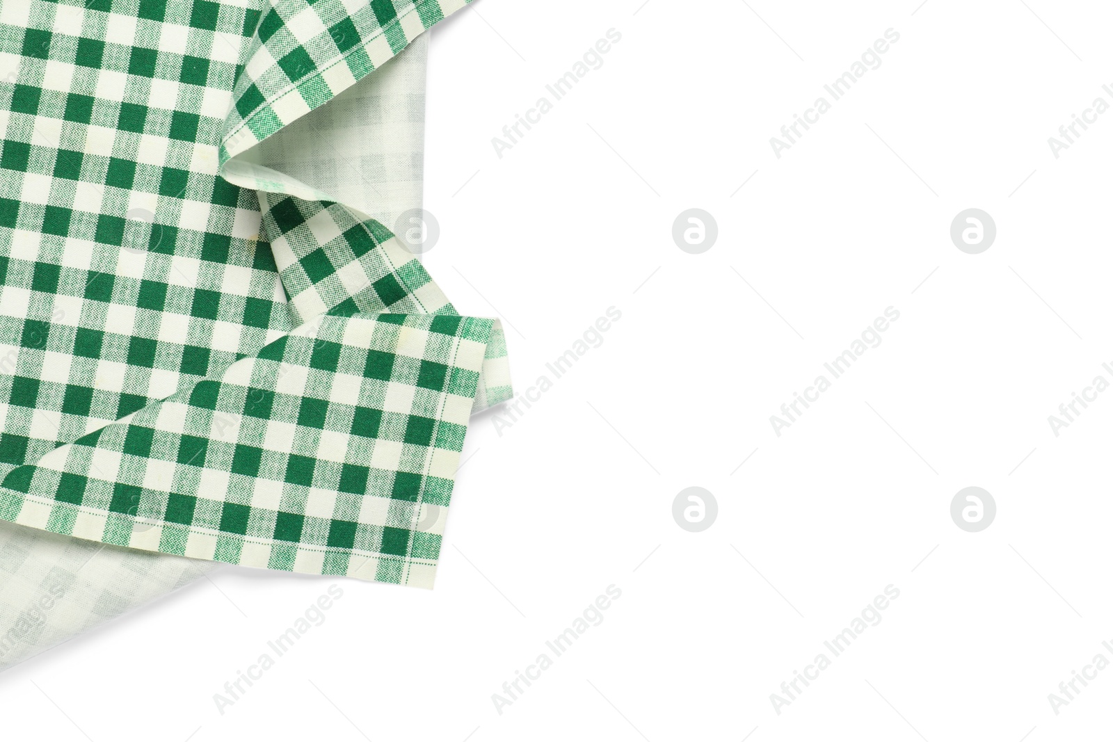 Photo of Green checkered tablecloth isolated on white, top view