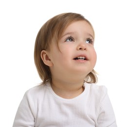 Photo of Cute little baby girl on white background