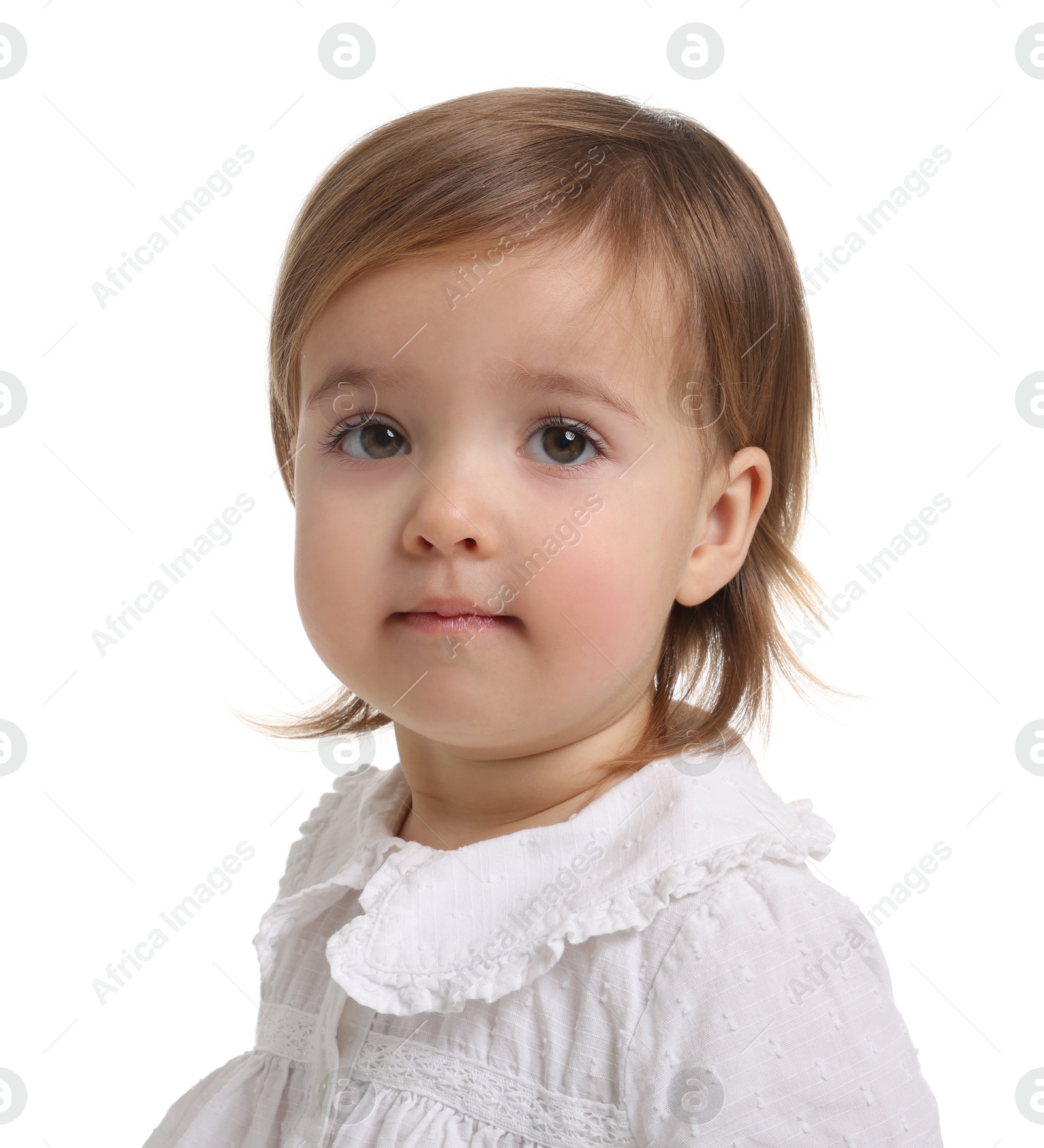 Photo of Cute little baby girl on white background