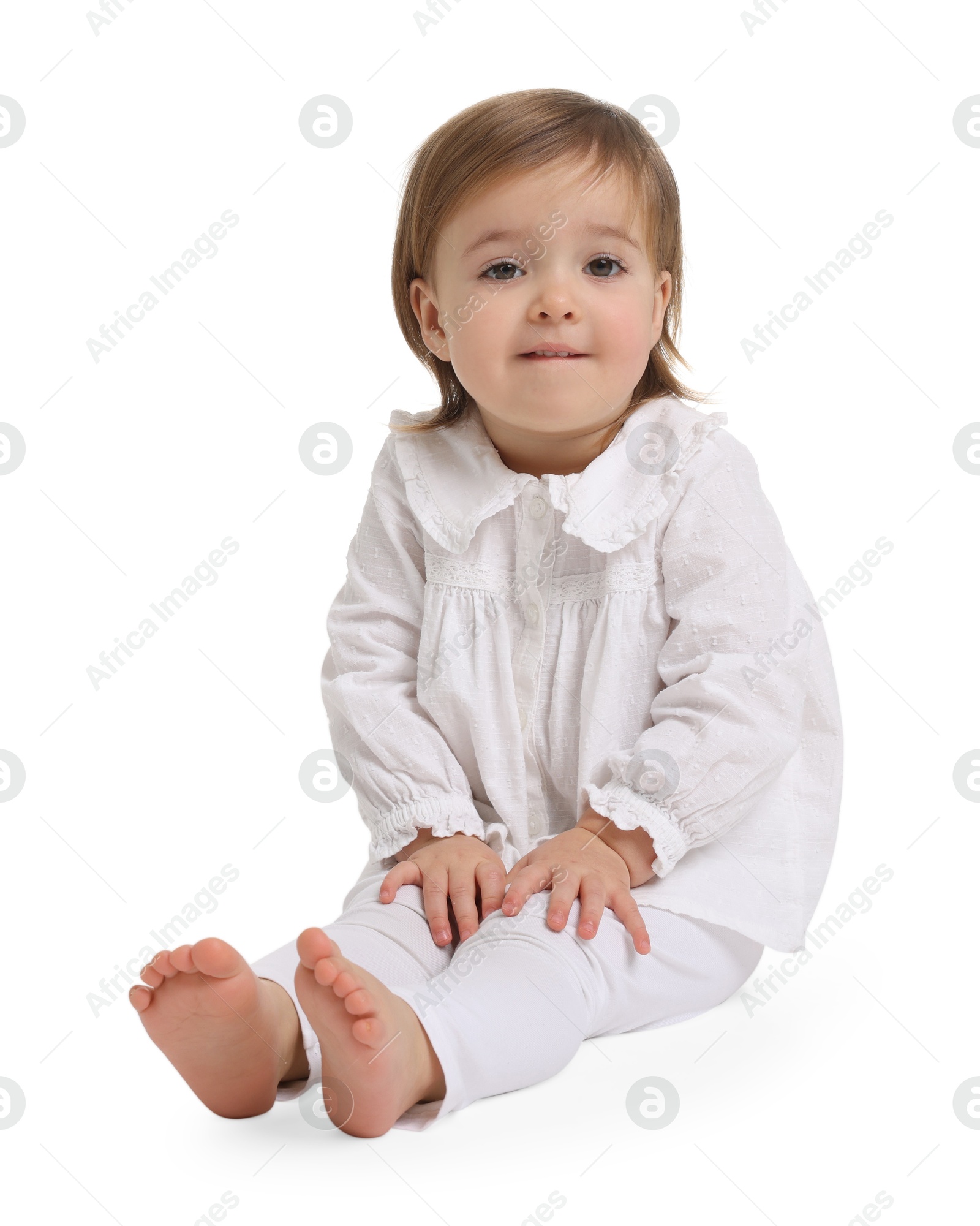 Photo of Cute little baby girl on white background