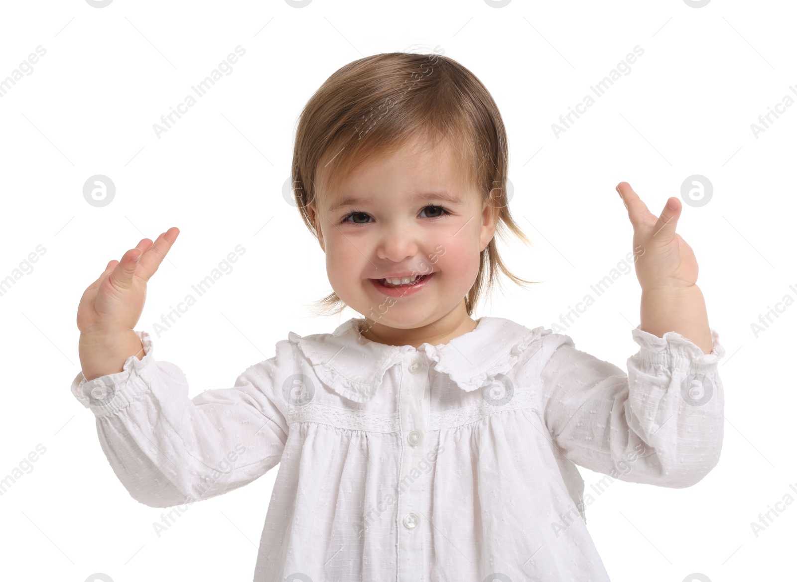 Photo of Cute little baby girl playing peekaboo on white background