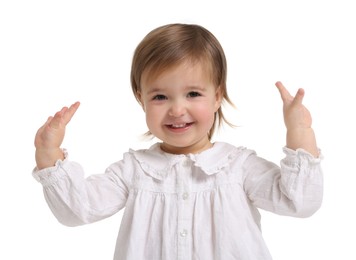 Photo of Cute little baby girl playing peekaboo on white background